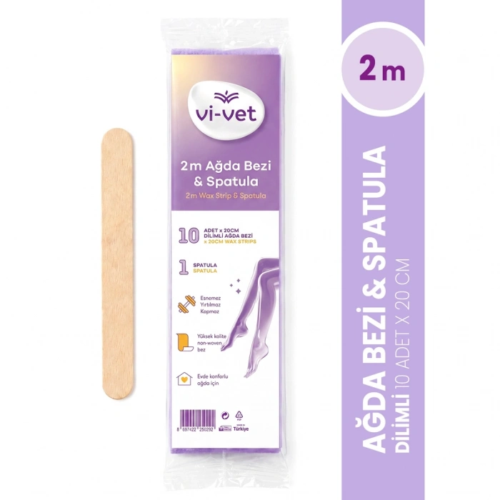 Vi-Vet Ağda Bezi 2 metre + Spatula (10 Adet 20 cm Dilimli Ağda Bezi + 1 Spatula)