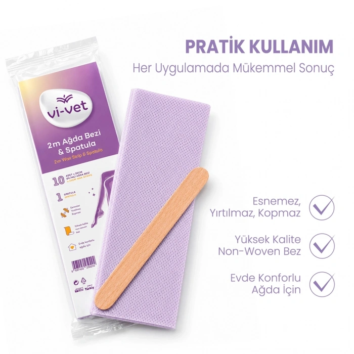 Vi-Vet Ağda Bezi 2 metre + Spatula (10 Adet 20 cm Dilimli Ağda Bezi + 1 Spatula)