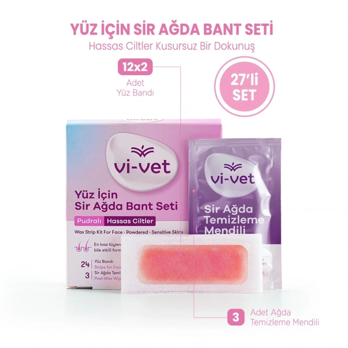 Vi-Vet Yüz İçin Sir Ağda Bant Seti Pudralı 27li (24 Yüz Bandı + 3 Temizleme Mendili)