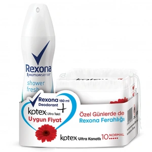 Rexona Shower Fresh Kadın Deodorant Sprey 150 ml + Kotex Ultra Tekli Normal Hijyenik Ped 10lu