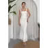 Kadın Beyaz Dantel İşlemeli Askılı Balık Model Söz Nişan Elbisesi