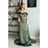 Haki Çiçek Yaka Balık Model Saten Abiye Elbise (Ön Sipariş)