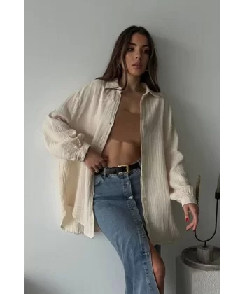 Kadın Krem Müslin Kumaş Oversize Salaş Gömlek