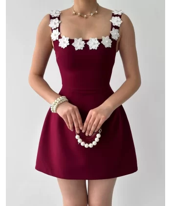 Bordo Çiçekli Mini Nikah Elbisesi