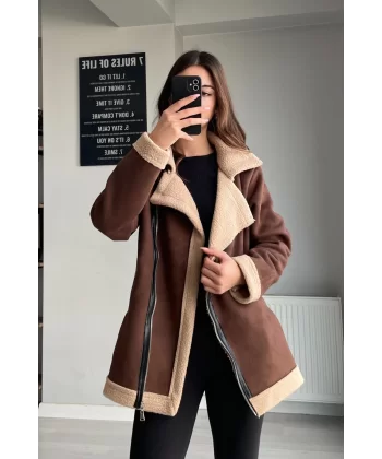 Kahverengi İçi Peluş Süet Mont