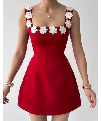 Kırmızı Çiçekli Mini Nikah Elbisesi