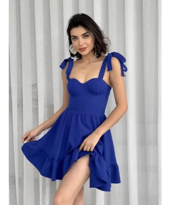 Lacivert Eteği Volanlı İp Askılı Bağlamalı Mini Elbise