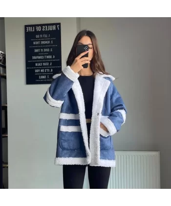 Peluşlu Oversize Kot Mont