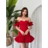 Kırmızı Straplez Balon Etek Volanlı Kol Mini Elbise