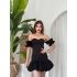 Siyah Straplez Balon Etek Volanlı Kol Mini Elbise