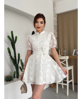 Beyaz Kemerli Balon Kol Kısa Dantel Elbise