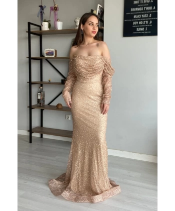Bej Kayık Yaka Balık Model Taşlı Abiye Elbise (Ön Sipariş)