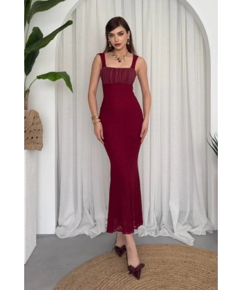 Bordo Dantel İşlemeli Askılı Balık Model Söz Nişan Elbisesi