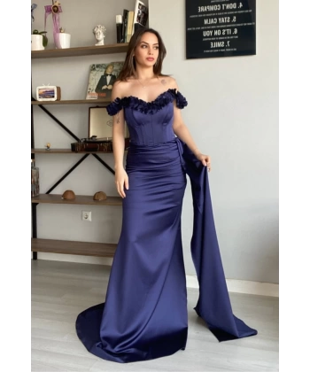 Lacivert Çiçek Yaka Balık Model Saten Abiye Elbise (Ön Sipariş)