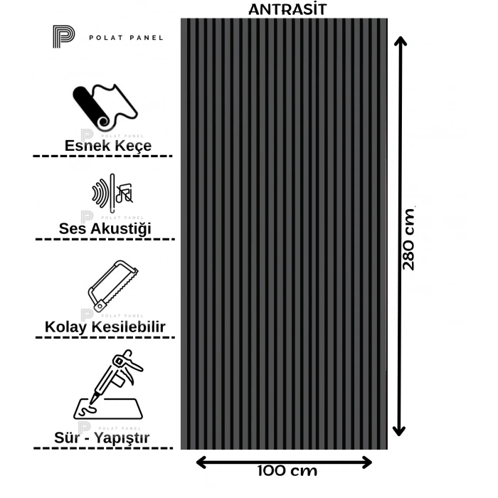 Antrasit Esnek Keçeli Slim Duvar Paneli 100cm