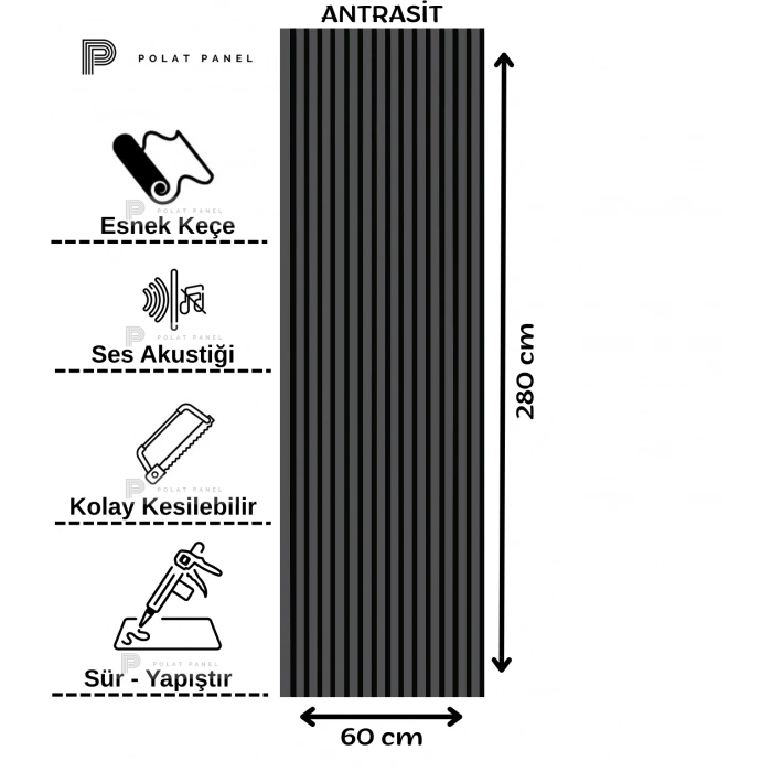 Antrasit Esnek Keçeli Slim Duvar Paneli 60cm