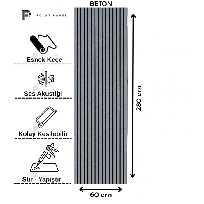 Beton Esnek Keçeli Slim Duvar Paneli 60cm