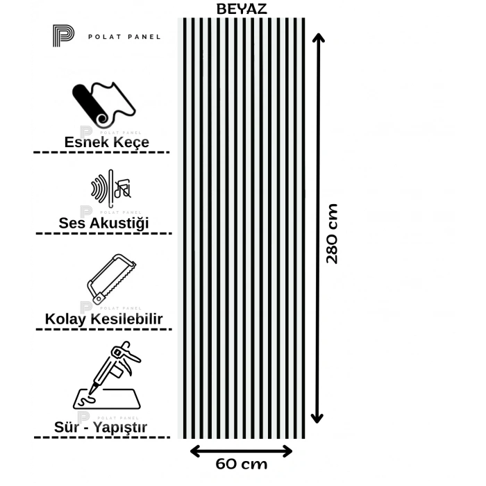 Beyaz Esnek Keçeli Slim Duvar Paneli 60cm