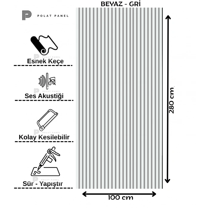 Beyaz-Gri Esnek Keçeli Slim Duvar Paneli 100cm