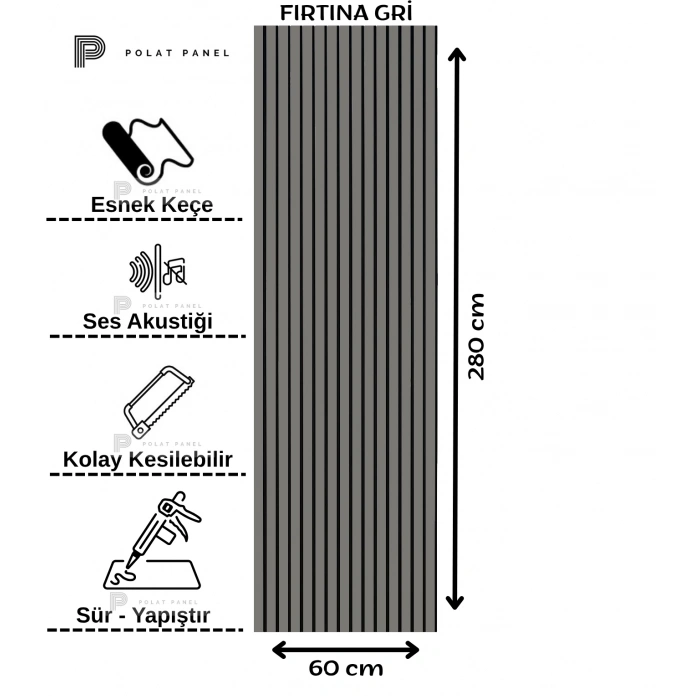 Fırtına Gri Esnek Keçeli Slim Duvar Paneli 60cm