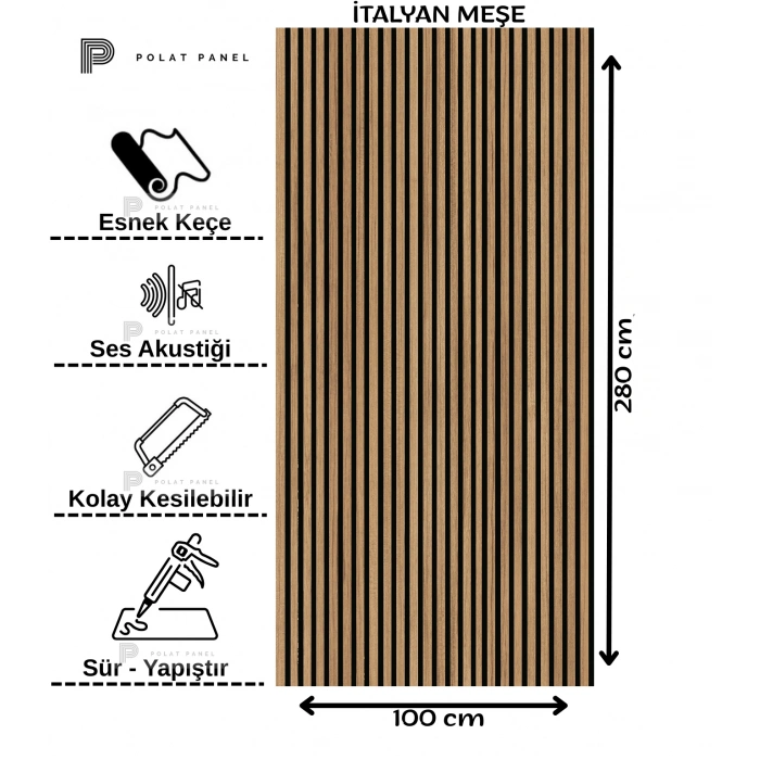 İtalyan Meşe Esnek Keçeli Slim Duvar Paneli 100cm