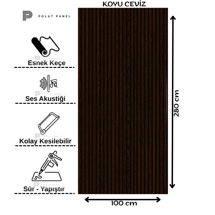 Koyu Ceviz Esnek Keçeli Slim Duvar Paneli 100cm