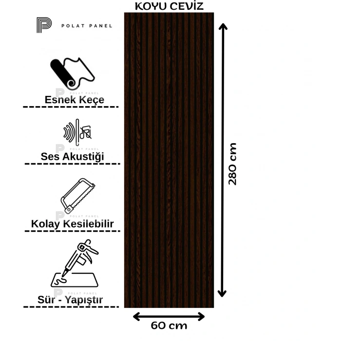 Koyu Ceviz Esnek Keçeli Slim Duvar Paneli 60cm