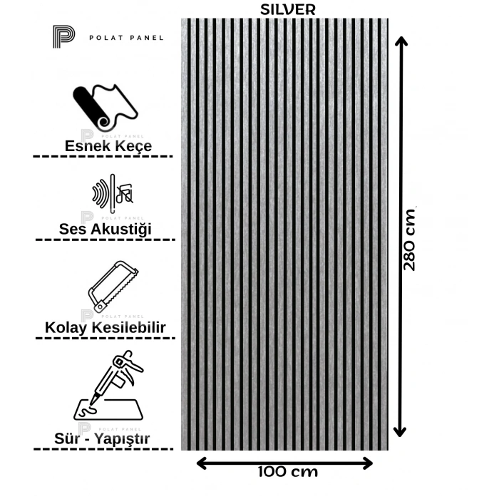 Silver Gümüş Esnek Keçeli Slim Duvar Paneli 100cm