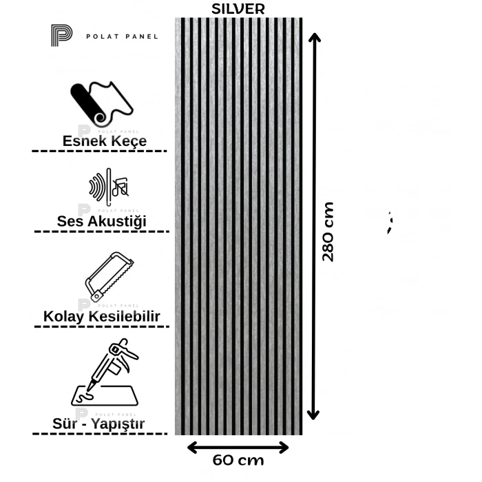 Silver Gümüş Esnek Keçeli Slim Duvar Paneli 60cm