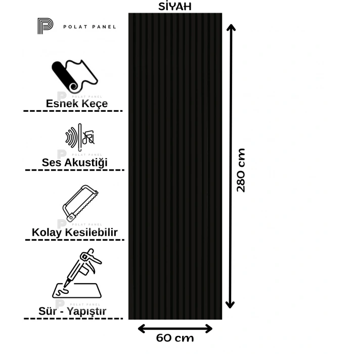Siyah Esnek Keçeli Slim Duvar Paneli 60cm