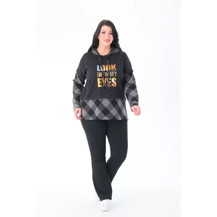 Ekoseli Oversize Kapüşonlu Büyük Beden Dokuma Sweatshirt