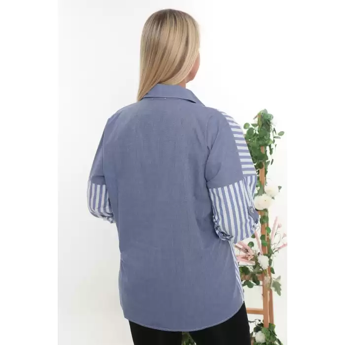 %100 Cotton Rahat Kalıp Çizgili Büyük Beden Kadın Uzun Kollu Gömlek