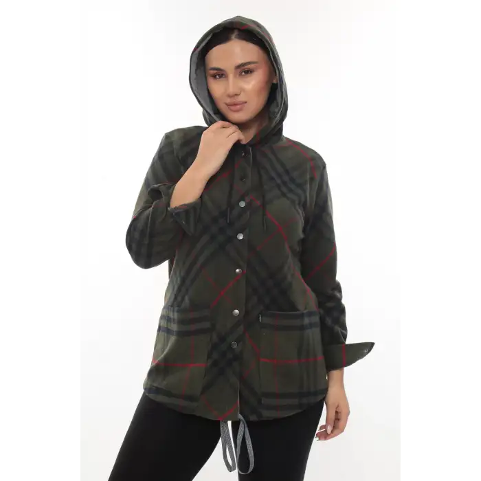 Büyük Beden Rahat Kalıp Kapüşonlu Oduncu Kadın Gömlek Hırka