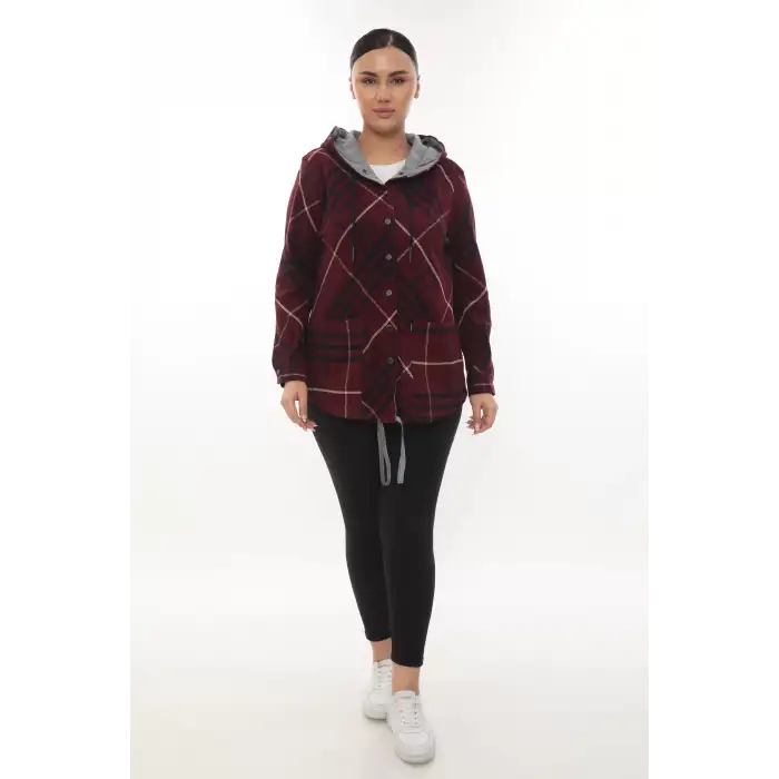 Büyük Beden Rahat Kalıp Kapüşonlu Oduncu Kadın Gömlek Hırka