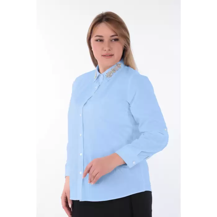 Kadın Yakası Taşlı Cotton Klasik Büyük Beden Ofis Gömlek - 44377