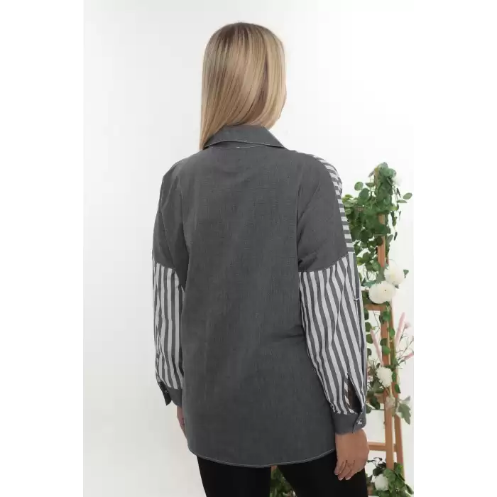 %100 Cotton Rahat Kalıp Çizgili Büyük Beden Kadın Uzun Kollu Gömlek