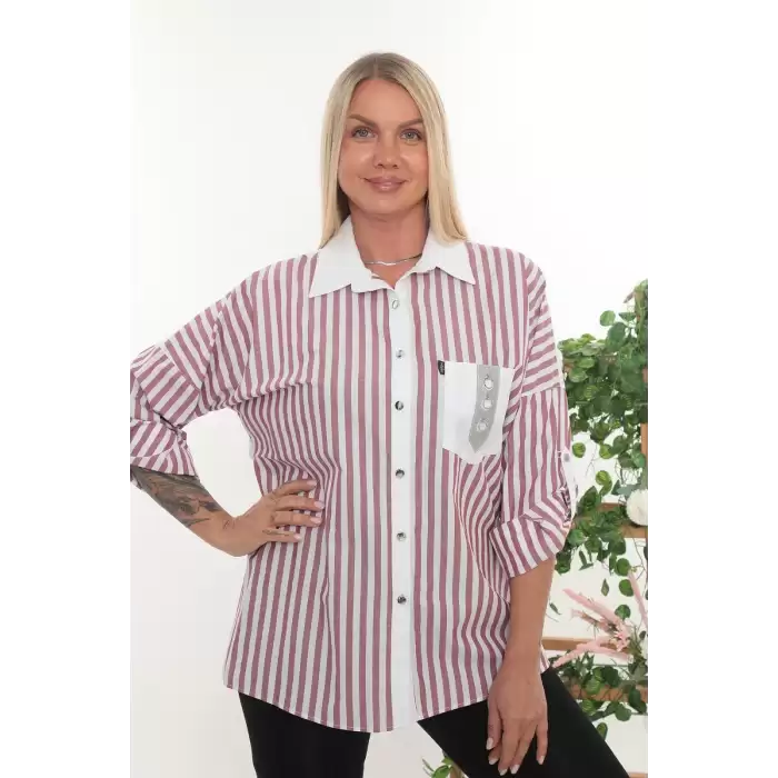 %100 Cotton Rahat Kalıp Çizgili Büyük Beden Kadın Uzun Kollu Gömlek