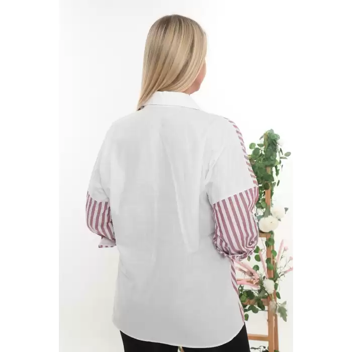 %100 Cotton Rahat Kalıp Çizgili Büyük Beden Kadın Uzun Kollu Gömlek