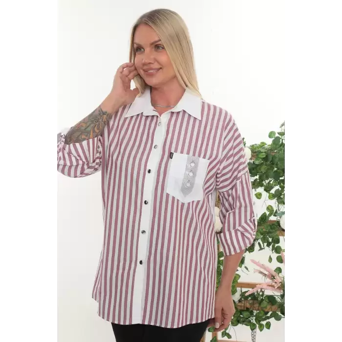 %100 Cotton Rahat Kalıp Çizgili Büyük Beden Kadın Uzun Kollu Gömlek