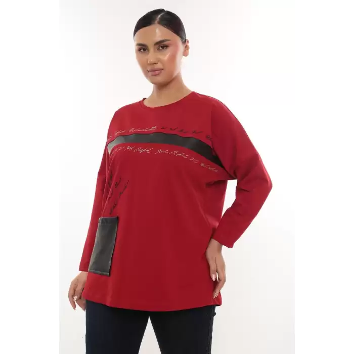 Rahat Kalıp Büyük Beden Kadın Bluz Uzun Kollu Yazı Detaylı Cepli