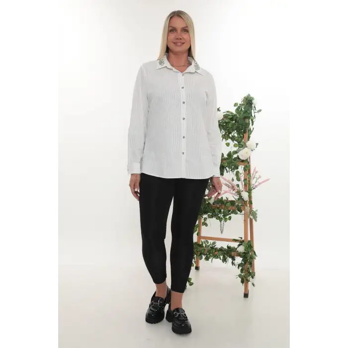 Yakası Taşlı Büyük Beden Kadın Çizgili Uzun Kollu Gömlek - Rahat Kesim Şık Tasarım
