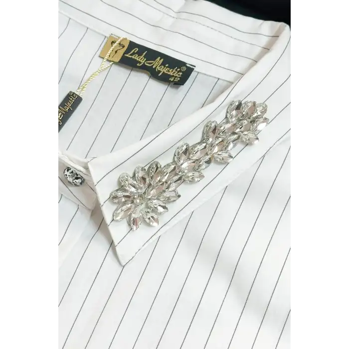 Yakası Taşlı Büyük Beden Kadın Çizgili Uzun Kollu Gömlek - Rahat Kesim Şık Tasarım