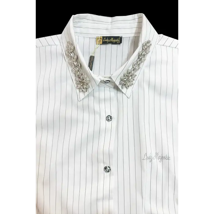 Yakası Taşlı Büyük Beden Kadın Çizgili Uzun Kollu Gömlek - Rahat Kesim Şık Tasarım