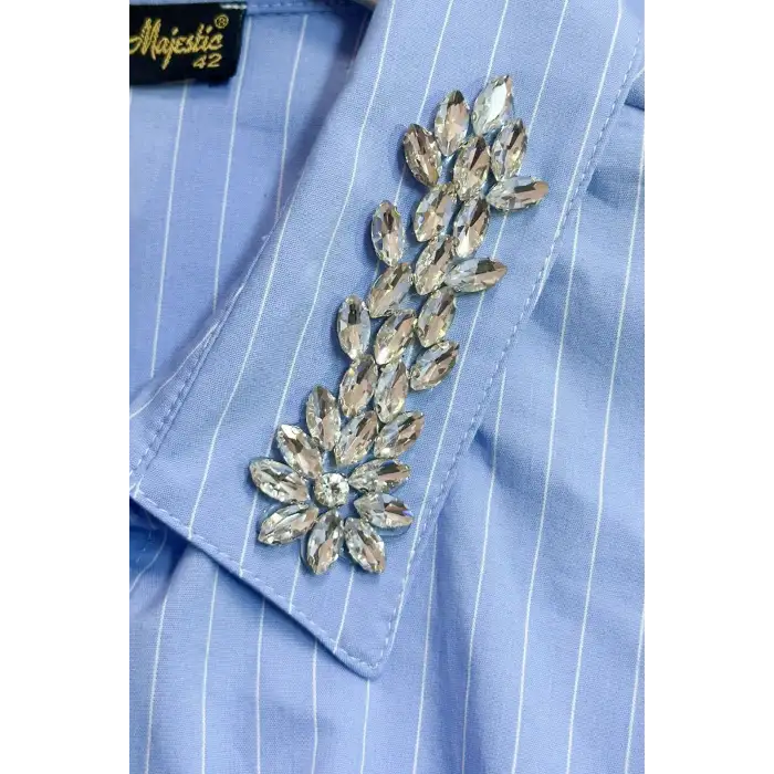 Yakası Taşlı Büyük Beden Kadın Çizgili Uzun Kollu Gömlek - Rahat Kesim Şık Tasarım