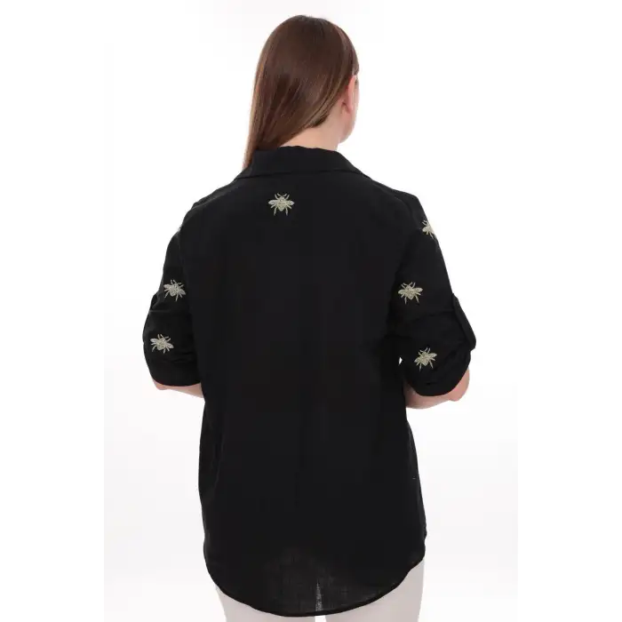 Büyük Beden Kadın Gömlek %100 Pamuk Arı Nakış Detaylı Rahat Kesim Şık Günlük Gömlek