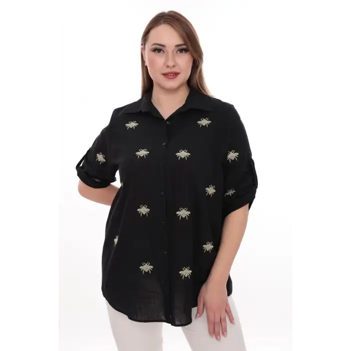 Büyük Beden Kadın Gömlek %100 Pamuk Arı Nakış Detaylı Rahat Kesim Şık Günlük Gömlek