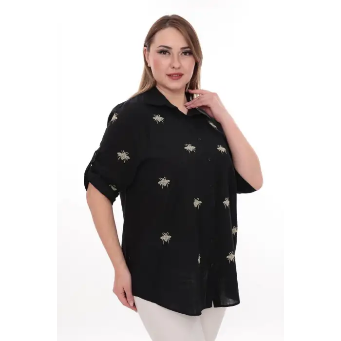 Büyük Beden Kadın Gömlek %100 Pamuk Arı Nakış Detaylı Rahat Kesim Şık Günlük Gömlek
