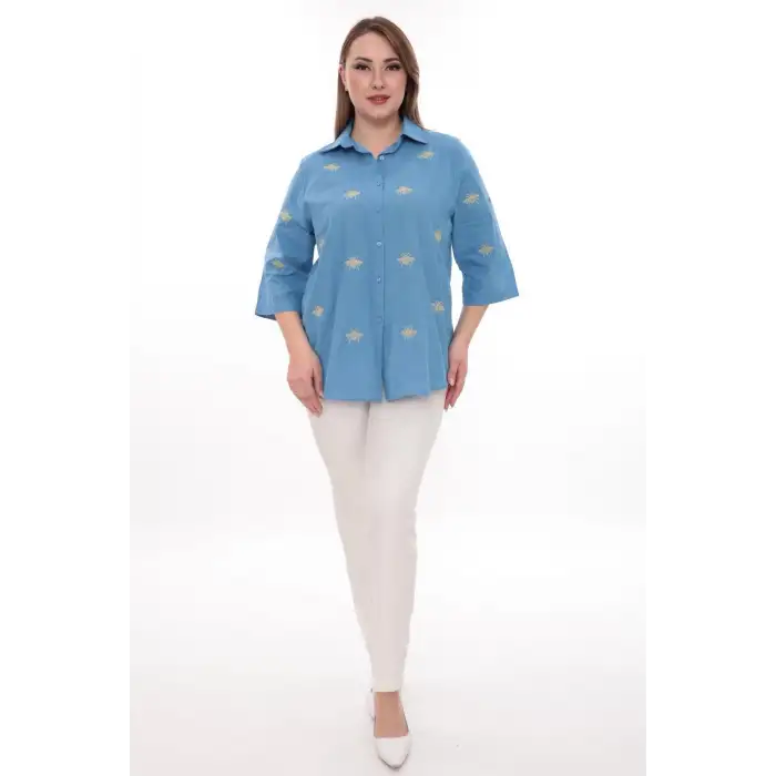 Büyük Beden Kadın Gömlek %100 Pamuk Arı Nakış Detaylı Rahat Kesim Şık Günlük Gömlek