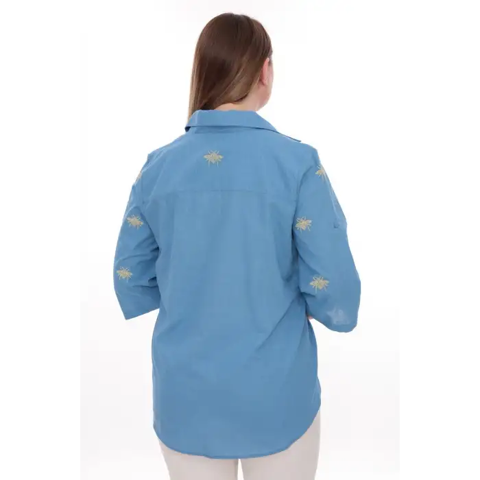 Büyük Beden Kadın Gömlek %100 Pamuk Arı Nakış Detaylı Rahat Kesim Şık Günlük Gömlek