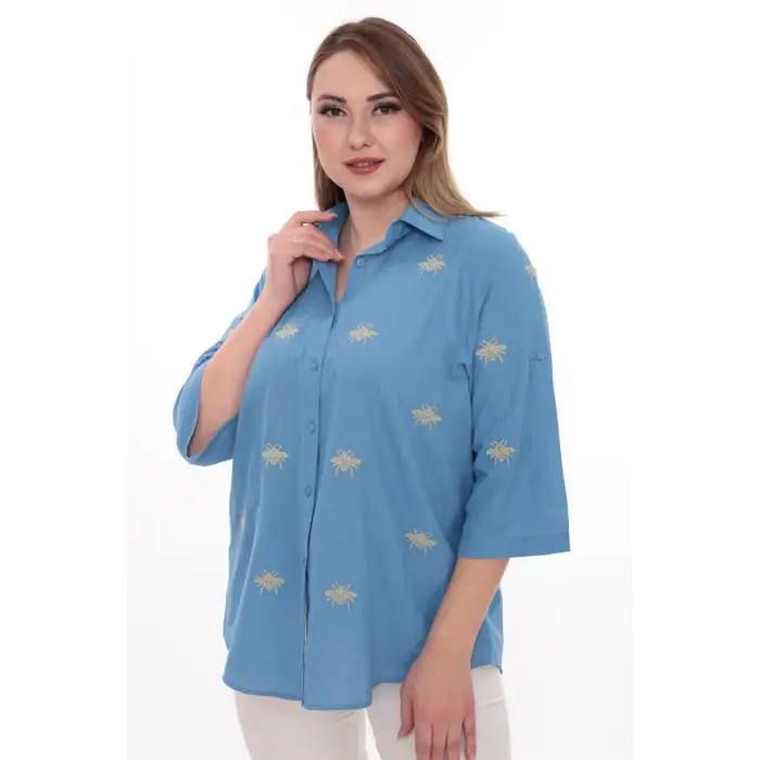 Büyük Beden Kadın Gömlek %100 Pamuk Arı Nakış Detaylı Rahat Kesim Şık Günlük Gömlek